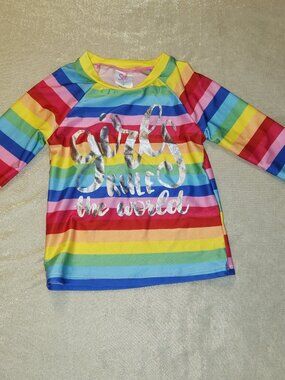 Sol Swim Girls Rash Guard Rainbow Stripe Girls Rule World UPF 50 New Size 4T